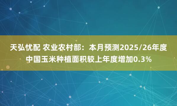 天弘忧配 农业农村部：本月预测2025/26年度中国玉米种植面积较上年度增加0.3%